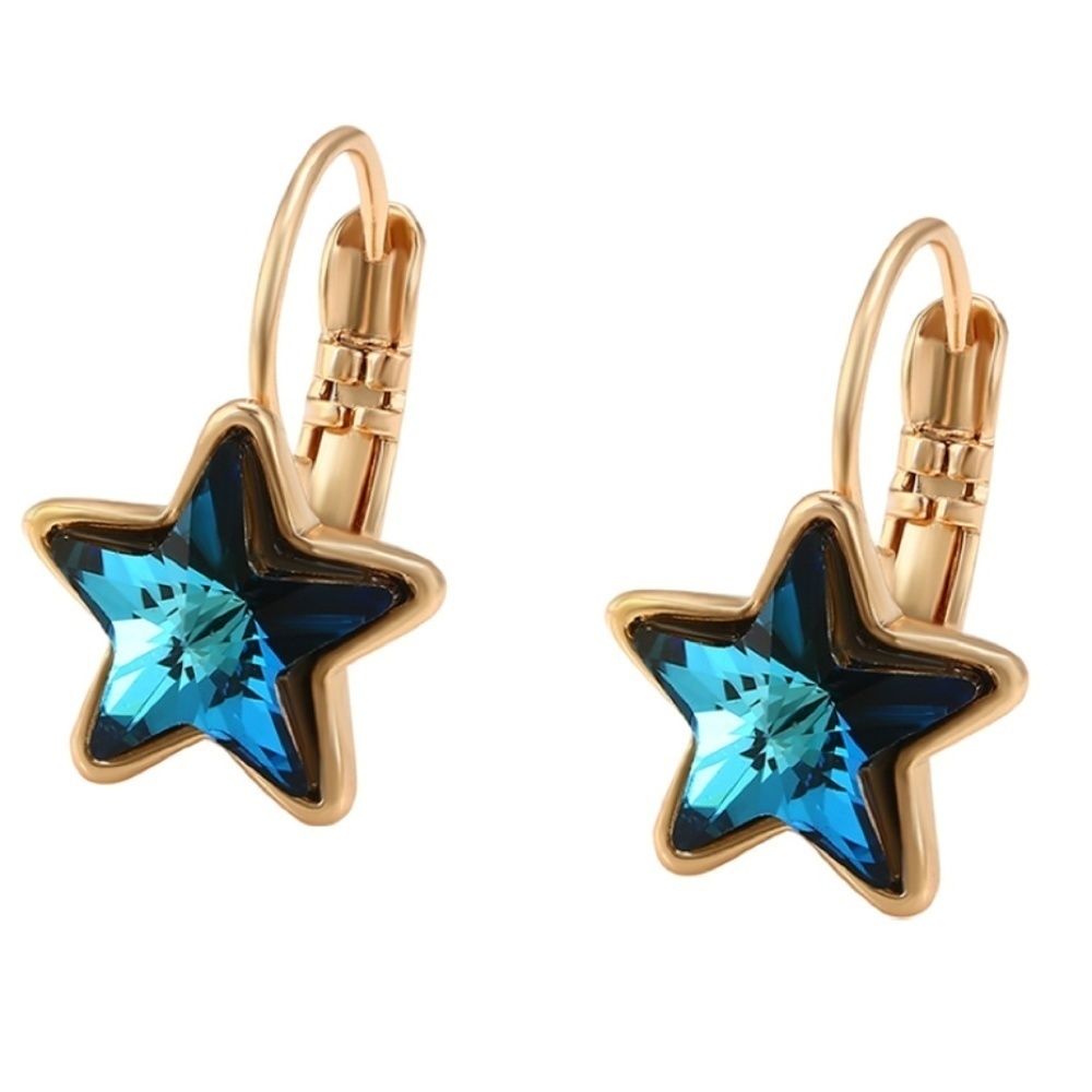 Goldtone Star Leverback Earrings in Bermuda Blue Swarovski Crystals